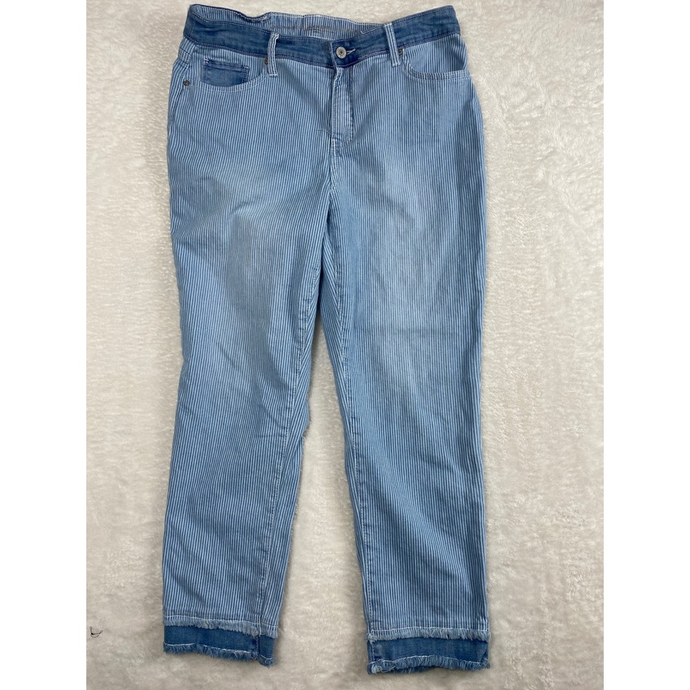 Chico's Women's Girlfriend‎ Slimming Ankle Jeans Striped Frayed Hem Size 10R